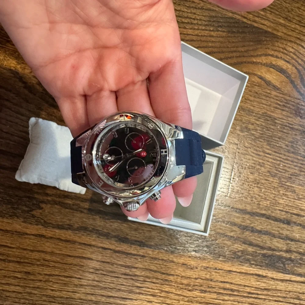 Michele Silver-Tone Case Watch with Black Strap